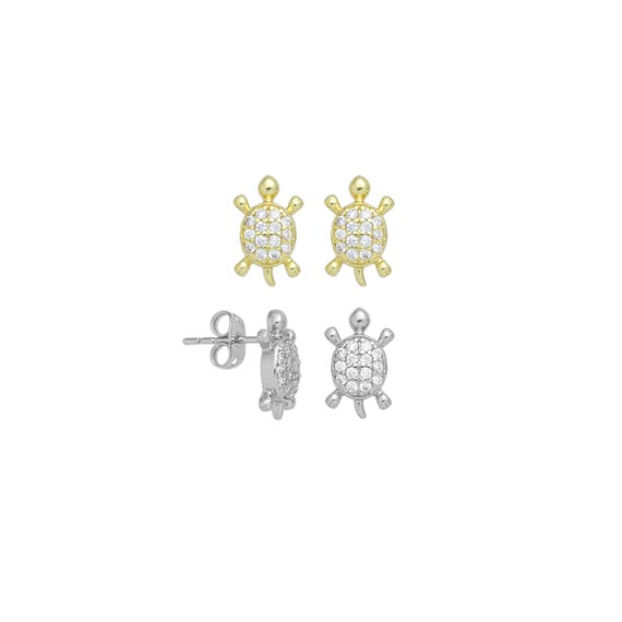 Gold Silver Cz Cute Turtle Stud Earrings, Sku#A296