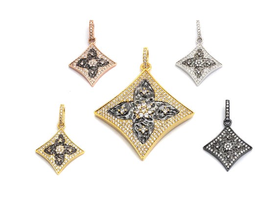 The 20Mm|40Mm Cz Micro Pave Dual Color Quatrefoil Flower Diamond Shape Pendant,Cubic Zirconia Gold|Rose Gold|Silver|Black Focal Pendant,Sku#