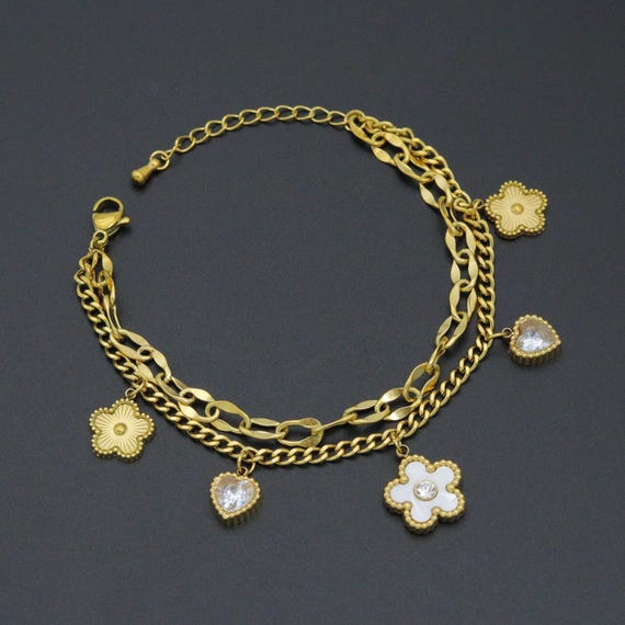 Gold Clover Heart Pendant Doule Link Chain Charm Bracelet, Sku#BXG19