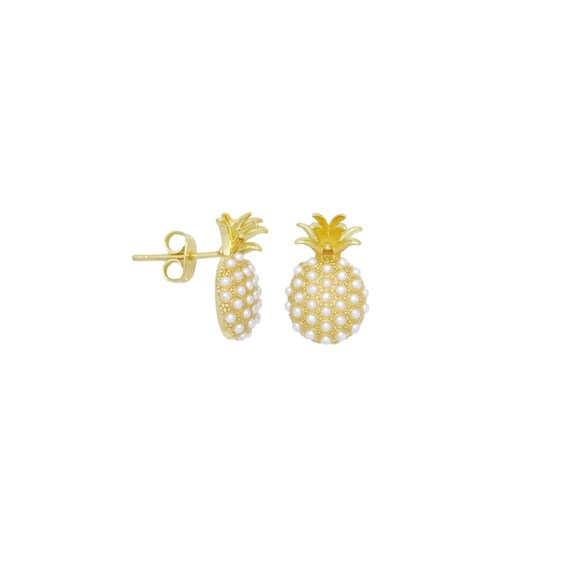 White Pearl Gold Pineapple Shape Stud Earrings, Sku#Lx698