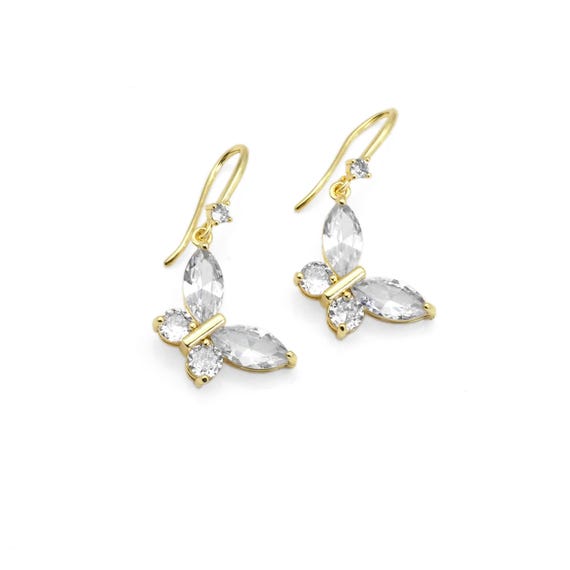 Gold Crystal Cz Butterfly Dangle Earrings, Sku#Lk840