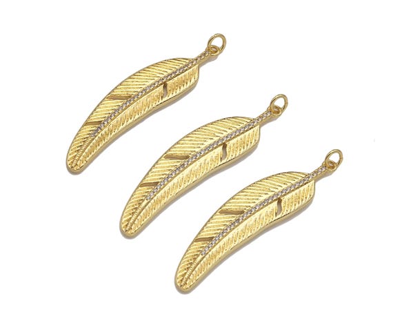 The 18K Gold Filled Feather Shape Pendant,Cz Micro Pave Gold Filled Charm, Necklace Bracelet Charm Pendant,12X48Mm,Sku#Z1342