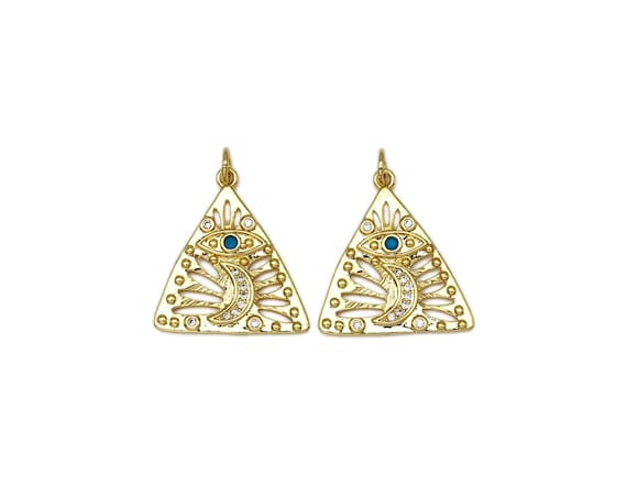 Cz Micro Pave Evil Eye Cresent Moon On Hollow Out Triangle Pendant, 18K Gold Filled Cz Charm, Necklace Bracelet Pendant,21X23Mm,Sku#Y496