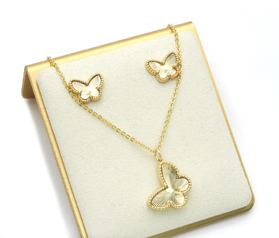 Gold Butterfly Stud Earrings And Necklace Set, Sku#Fh208