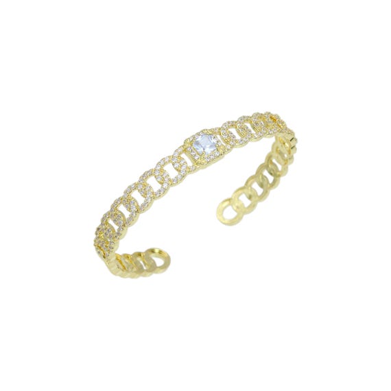 Clear Cz Oval Link Gold With Rectangle Diamond Bangle Bracelet, Sku#Ld547