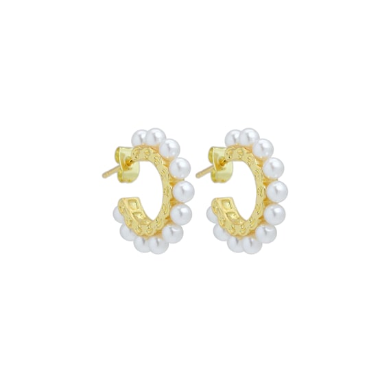 Clear Cz White Pearl Hoop Earrings, Sku#Ld577