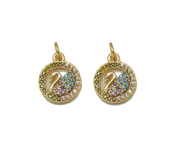 Gold Colorful Cz Swan Coin Charm, Sku#Zx92