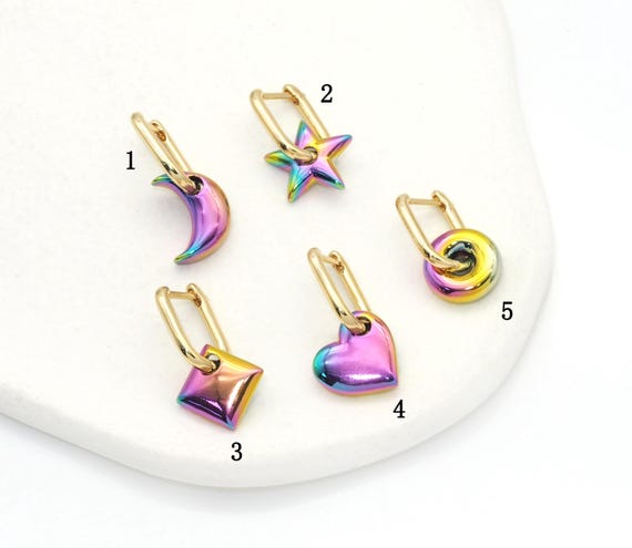 Rainbow Star Heart Rhombus Donut Shape Earrings, Sku#Lx160