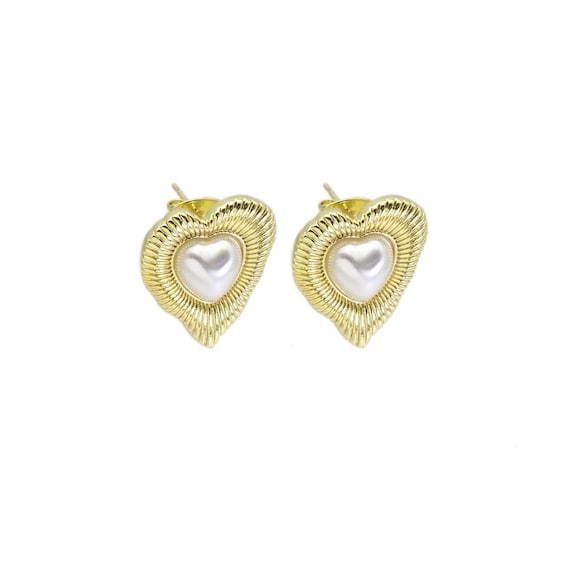 Gold White Pearl Heart Stud Earrings, Sku#Ld480