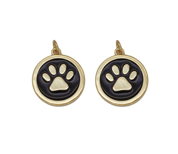 Gold Black Enamel Dog'S Paw Print Coin Charm, Sku#Lk695