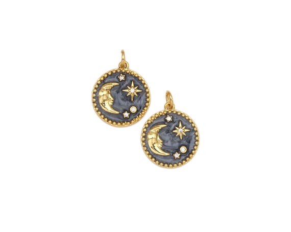 Enamel Grey Cresent Moon Star On Round Coin Shape Pendant,18K Gold Filled Cz Micropave Charm,Necklace Bracelet Charm,16X18Mm,Sku#Y537