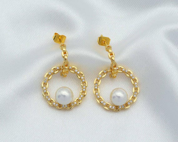 Gold Cz Round Ring Pearl Stud Earrings, Sku#Zx80