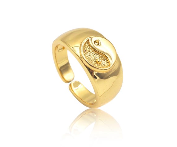 Gold Filled YinYang Signet Ring, 18K Gold Filled Engraved Adjustable Ring, YinYang Religious Open Ring, Protection Ring,21x10mm,Sku#X198