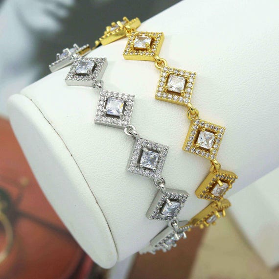 CZ Gold Silver Rhombus Diamond Shape Bezel Setting Bracelet, Sku#B218