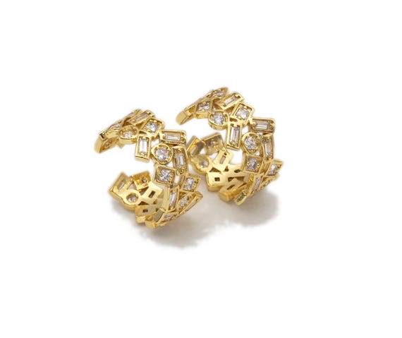 Baguette Cz Micro Pave Statement Ring, 18K Gold Filled Open Ring, Adjustable Ring, 22X21Mm,Sku#Ld138