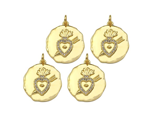 Cz Micro Pave Heart With Cupid Arrow On Round Coin Pendant, 18K Gold Medallion Charm, Necklace Bracelet Charm Pendant,19X22Mm,Sku#Z1333