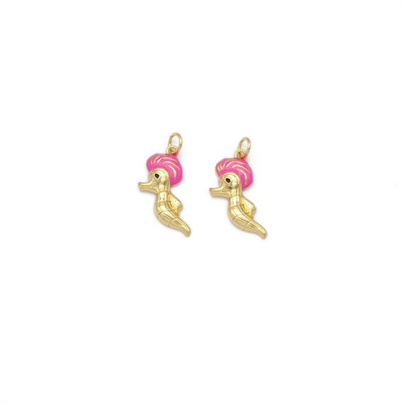 Gold Pink Enamel Cute Sea Horse Charm, Sku#Y804