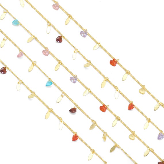 Gold Filled Colorful Cz Heart Link Chain By Yard,Sku#Hx11