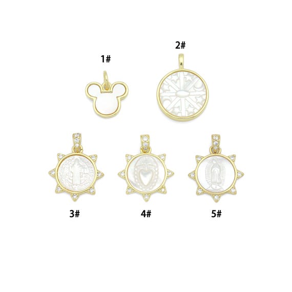Gold Mother of Pearl Pendant Collection – Mouse Snowflake & Religious Designs, Sku#LX957