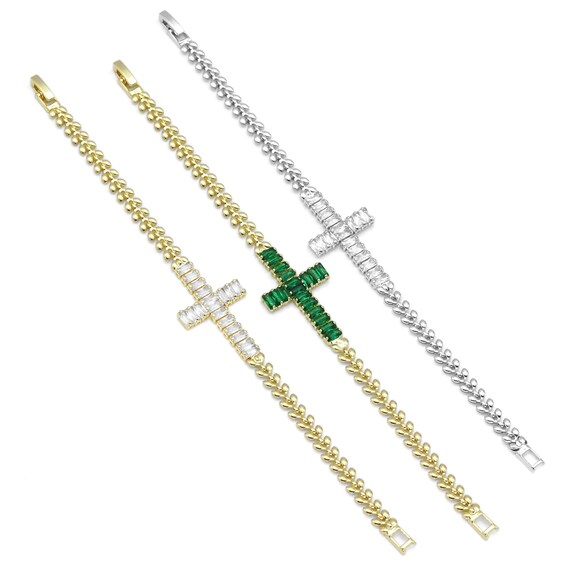 Clear Green CZ Cross Gold Adjustable Bracelet, Sku#B367