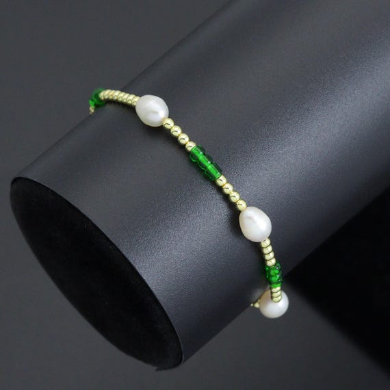 Gold Hematite Freshwater Pearl With Green Spacer Stretchy Bracelet, Sku#Ef683