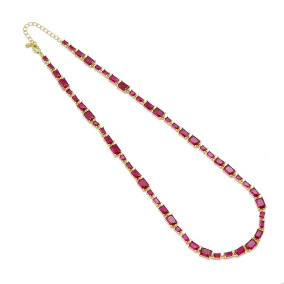 Gold Fuchsia Rectangle Cz Link Chain Necklace, Sku#A352