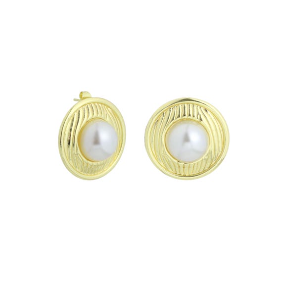 White Pearl Gold Edge Statment Earrings, Sku#Lx826