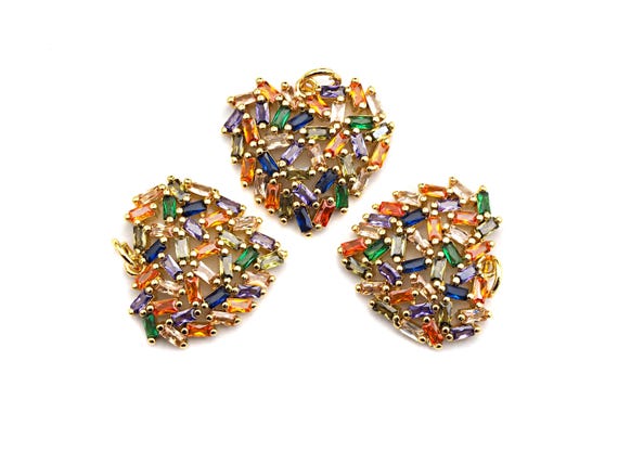 Colorful Baguette Cz Micro Pave Cluster Heart Shape Pendant, Cz Pave Bracelet Necklace Pendant In Gold Finish,21X19Mm, Sku#F908
