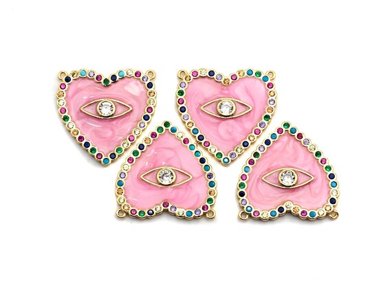 Cz Colorful Micro Pave Enamel Heart With Evil Eye Pendant, Pink Heart ,Heart Shaped Pave Pendant, Gold Plated, 26X27Mm, Sku#F852