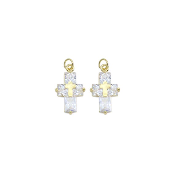 Gold Big Clear Cz Cross Charm, Sku#Ld528