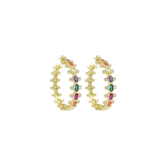 Colorful Oval Cz Gold Hoop Earrings, Sku#Ld531