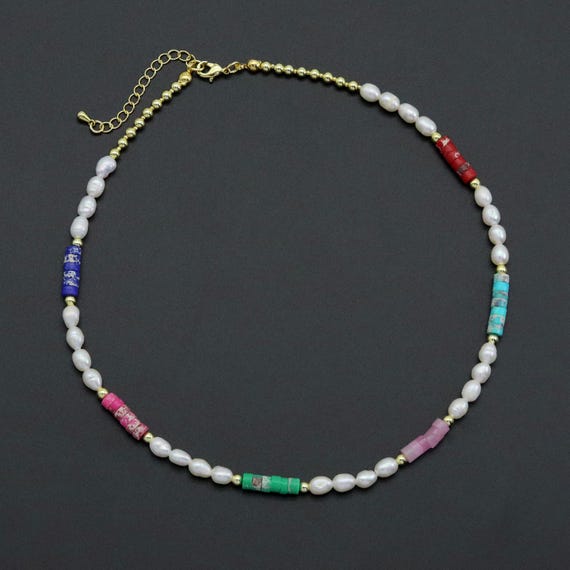 Colorful Gemstone With Freshwater Pearl Necklace, Sku#Ef555