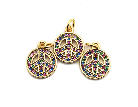 Cz Colorful Micro Pave Peace Sign Round Pendant, Round Shaped Pave Pendant, Gold Plated, 11X14Mm, Sku#F821