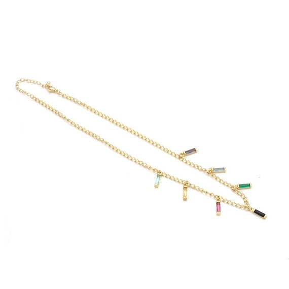 Dangle Colorful Baguette Cz Dainty Chain Necklace,Sku#Ef311