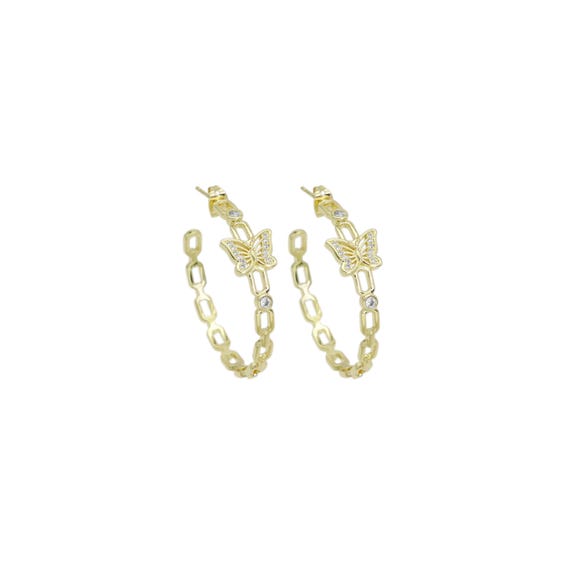 Clear Cz Gold Butterfly Chain Link Hoop Earrings, Sku#Ld524
