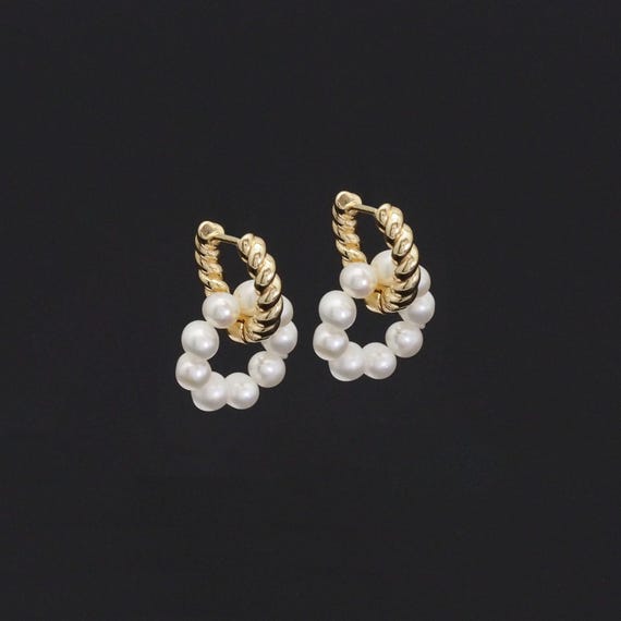 Gold Huggie White Pearl Hoop Earrings, Sku#Ef514