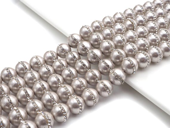 6mm/8mm/10mm/12mm SLIVER GRAY Pearl with Rhinestone Inlaid, Silver Gray Round Mother of Pearl Beads, 15.5'' Full strand, Sku#V61