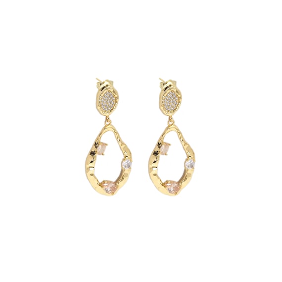 Cz Gold Irregular Oval Shape Dangle Stud Earrings, Sku#Y856