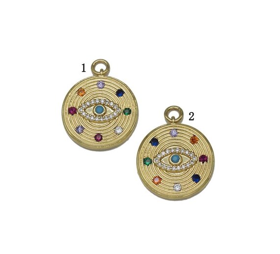 Gold Colorful Cz Evil Eye On Round Coin Charm, Sku#Lx98