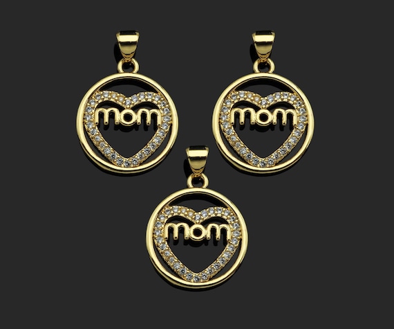 Gold Filled Cz Micro Pave Heart With Mom Word On Round Ring Shape Pendant, 18K Gold Filled Charm, Mother'S Day Goft,17X20Mm,Sku#Ld121