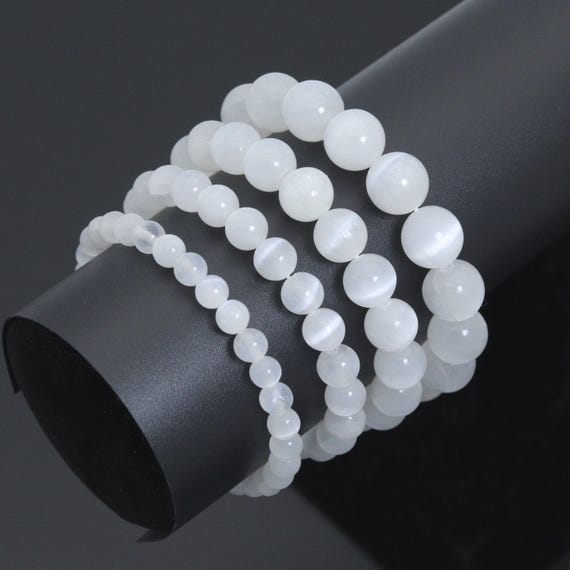 Genuine Round Smooth Selanite Stretchy Bracelet, Sku#EF779