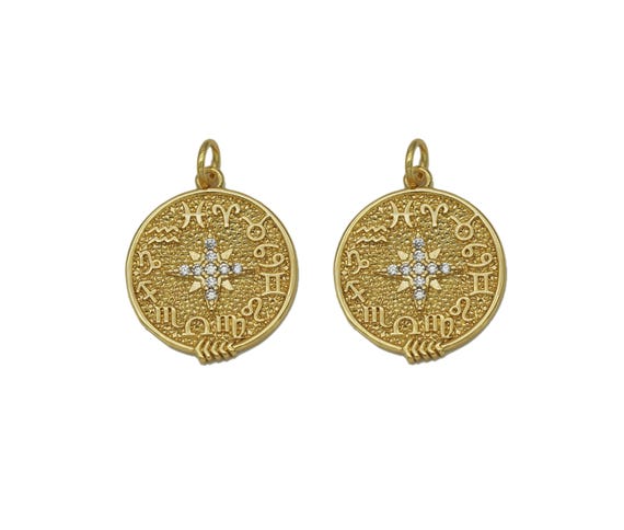 Cz North Star On Round Coin Charm, Sku#F1480