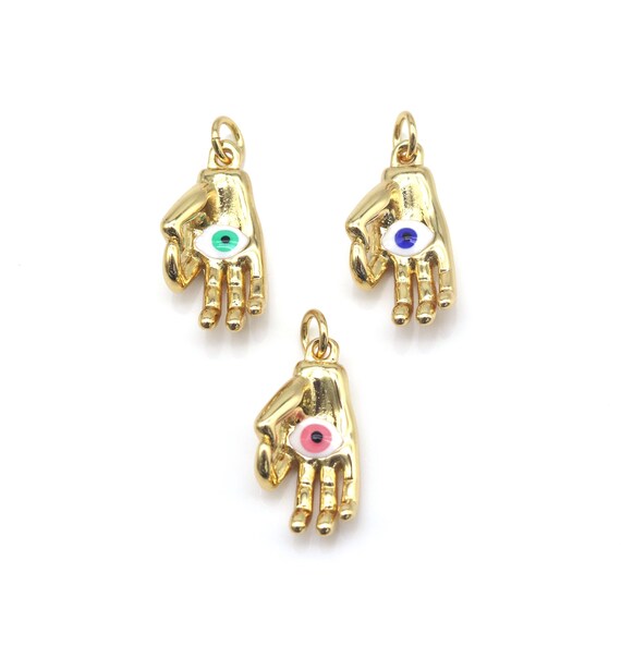 Enamel Colorful Evil Eye On Hand Shape Pendant, 18K Gold Fil