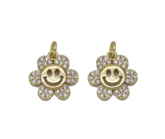 Gold CZ Smiley Face Flower Charm, Sku#L711