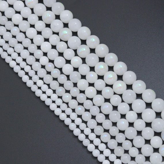 Mystic White Jade Beads, White Iridescent Round Jade Beads, 16inch full strand, sku#U2392