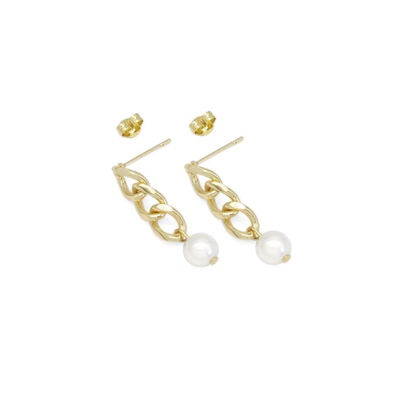 Cz Gold Cuban Chain White Pearl Earrings, Sku#Zx146