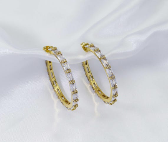 Rectangle Cz Huggie Hoop Earrings, Sku#Ld260
