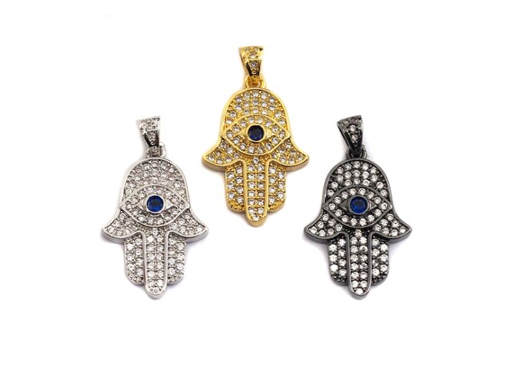 Clear Cobalt Blue Cz Micro Pave Evi Eye On Hamsa Hand Shaped Pendant|Charm, Cubic Zirconia Pendant Charm,15X23Mm,Sku#Z570