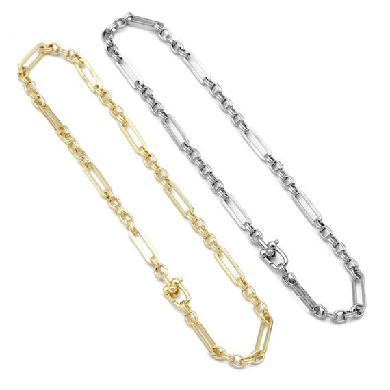 Gold Silver Long Link Mixed Paperclip Chain Necklace, Sku#Ef334