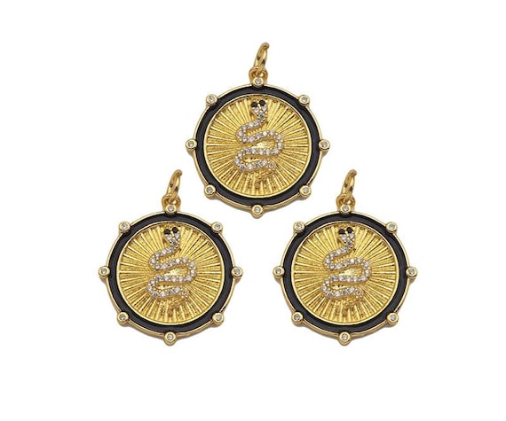 Gold Filled Cz Micro Pave Snake On Round Wrinkle Shape Pendant, 18K Gold Filled Enamel Charm, Necklace Bracelet Charm, 24X22Mm,Sku#Z1347